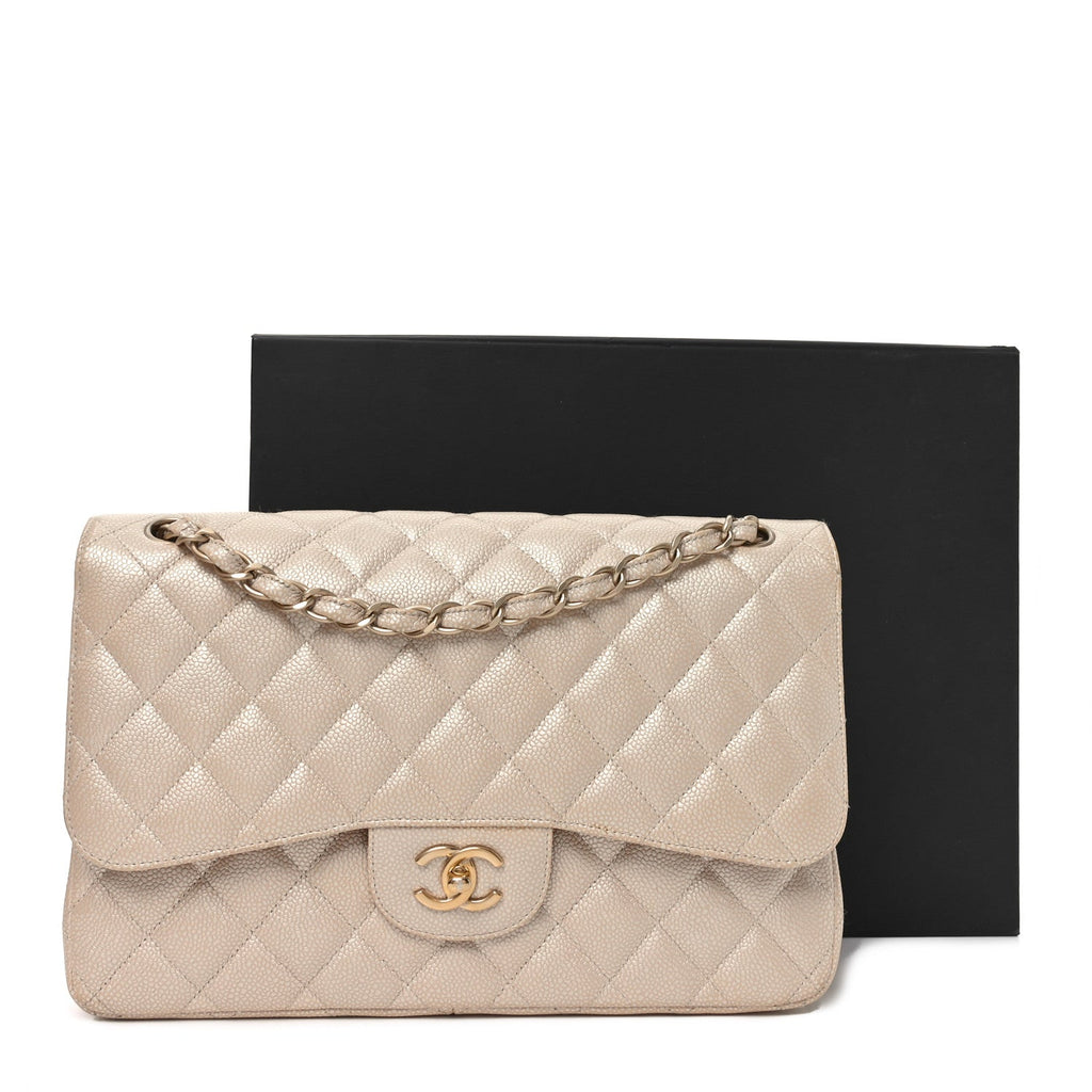 Chanel Iridescent Caviar Quilted Jumbo Double Flap Beige