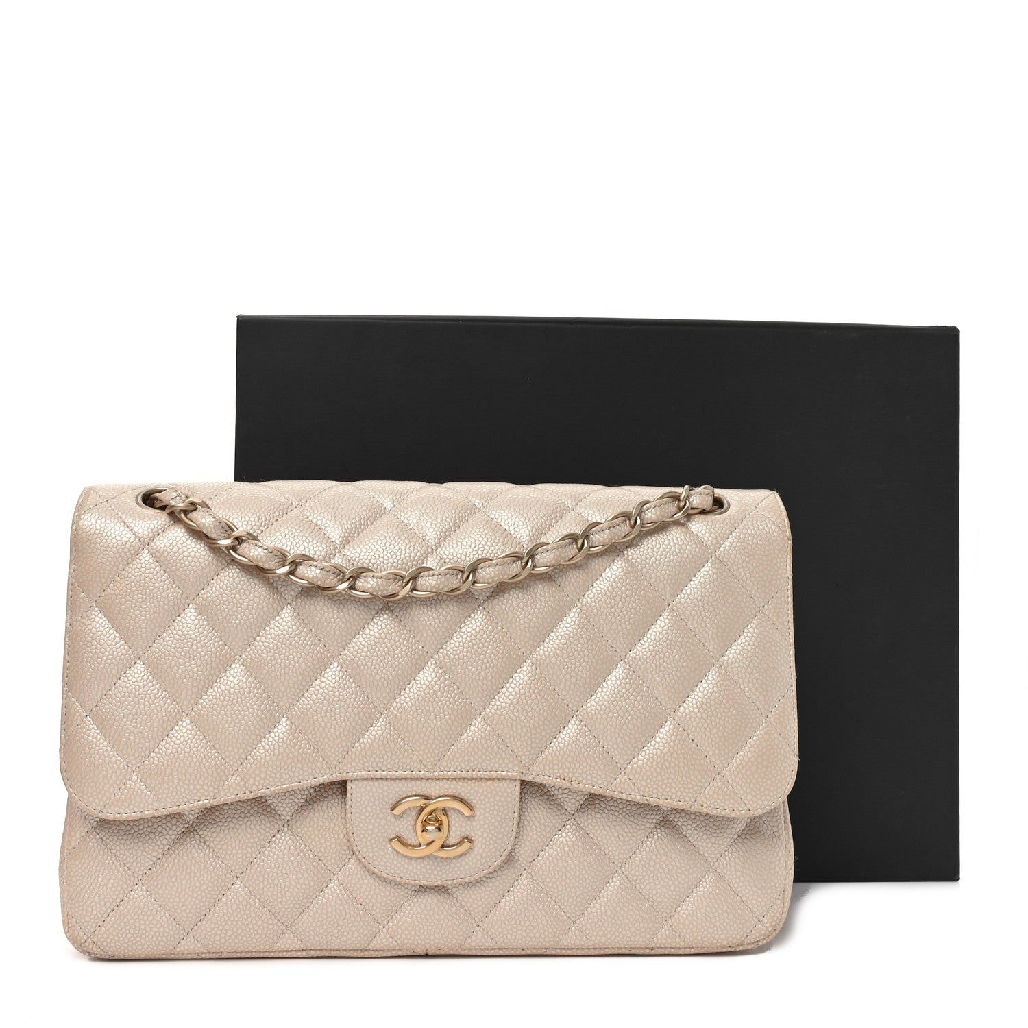 Chanel Iridescent Caviar Quilted Jumbo Double Flap Beige