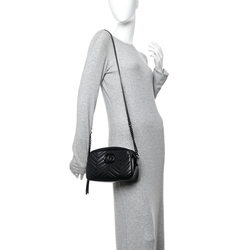 Gucci Calfskin Matelasse Monochrome Small GG Marmont Chain Shoulder Bag Black