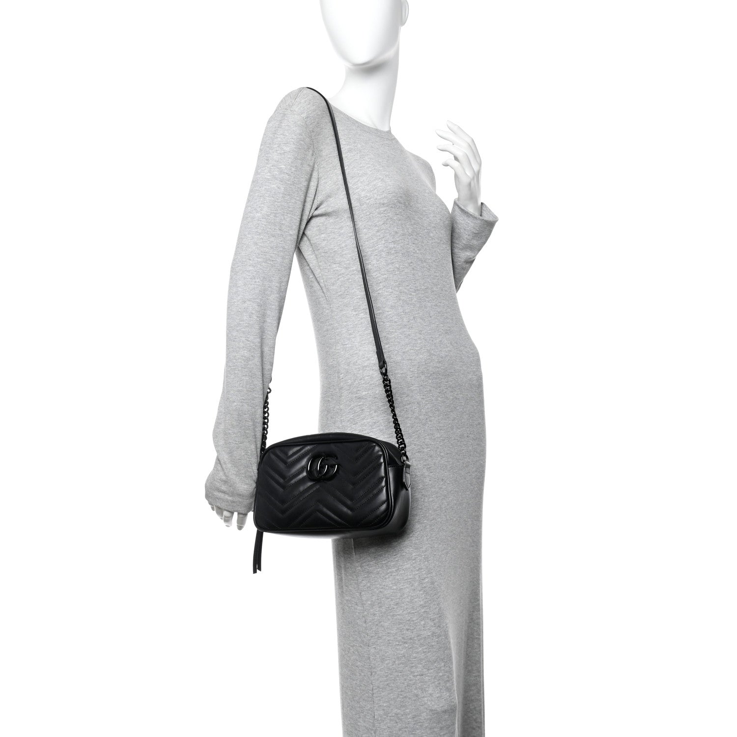 Gucci Calfskin Matelasse Monochrome Small GG Marmont Chain Shoulder Bag Black
