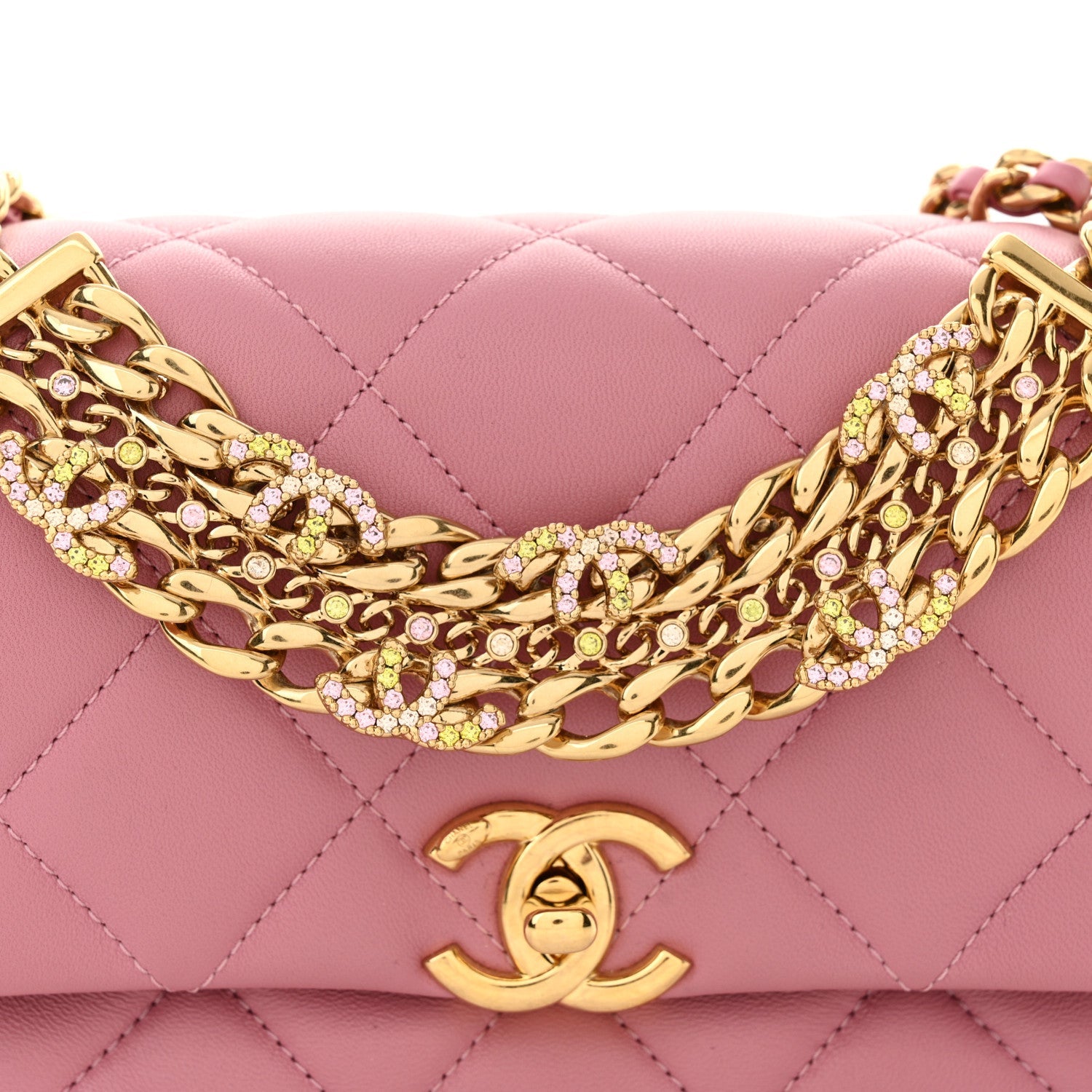 Chanel Lambskin Quilted Mini CC Crystal Logo Chain Flap Pink