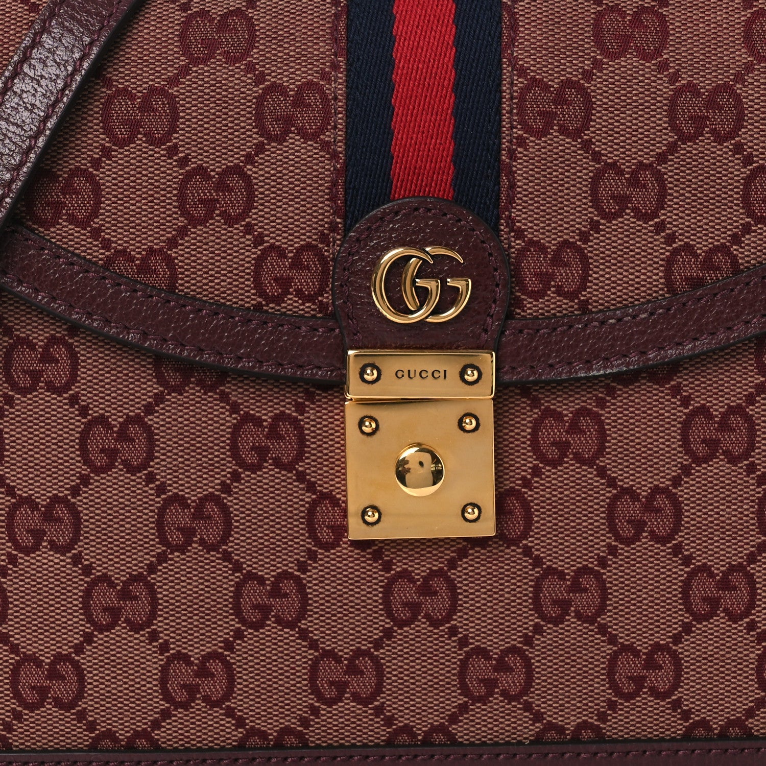 Gucci GG Supreme Monogram Textured Dollar Calfskin Web Small Ophidia Padlock Top Handle Bag Bordeaux
