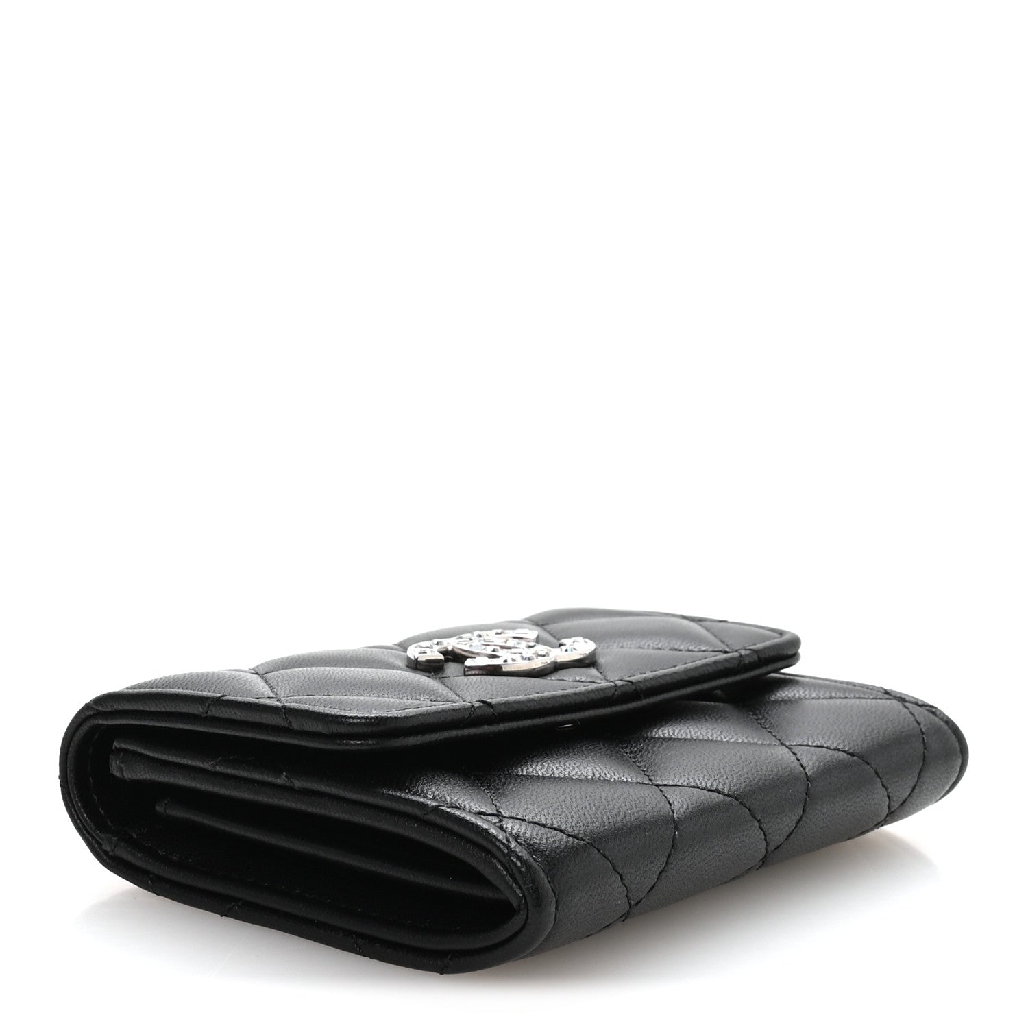 Lambskin Quilted Flap Baguette Crystal Card Holder Wallet Black