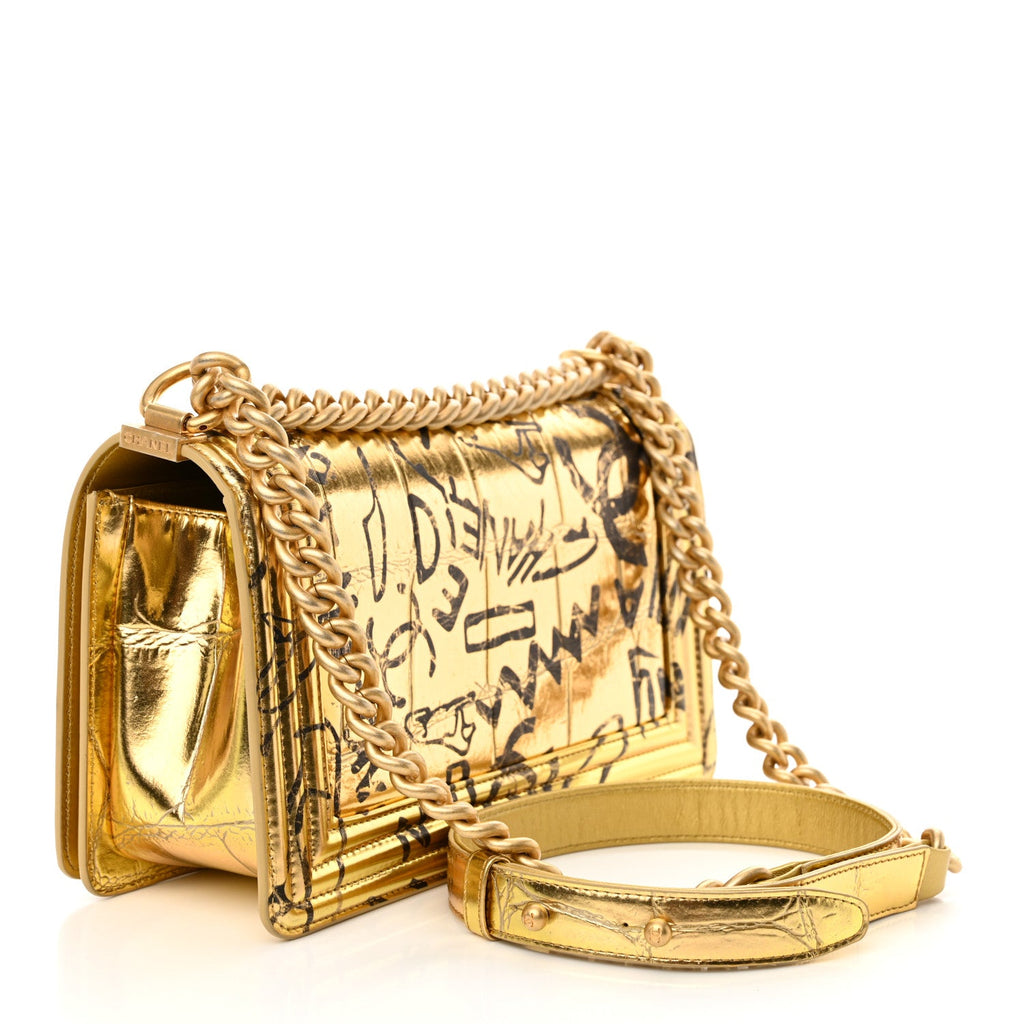 Chanel Metallic Calfskin Crocodile Embossed Graffiti Medium Cocodile Boy Flap Gold