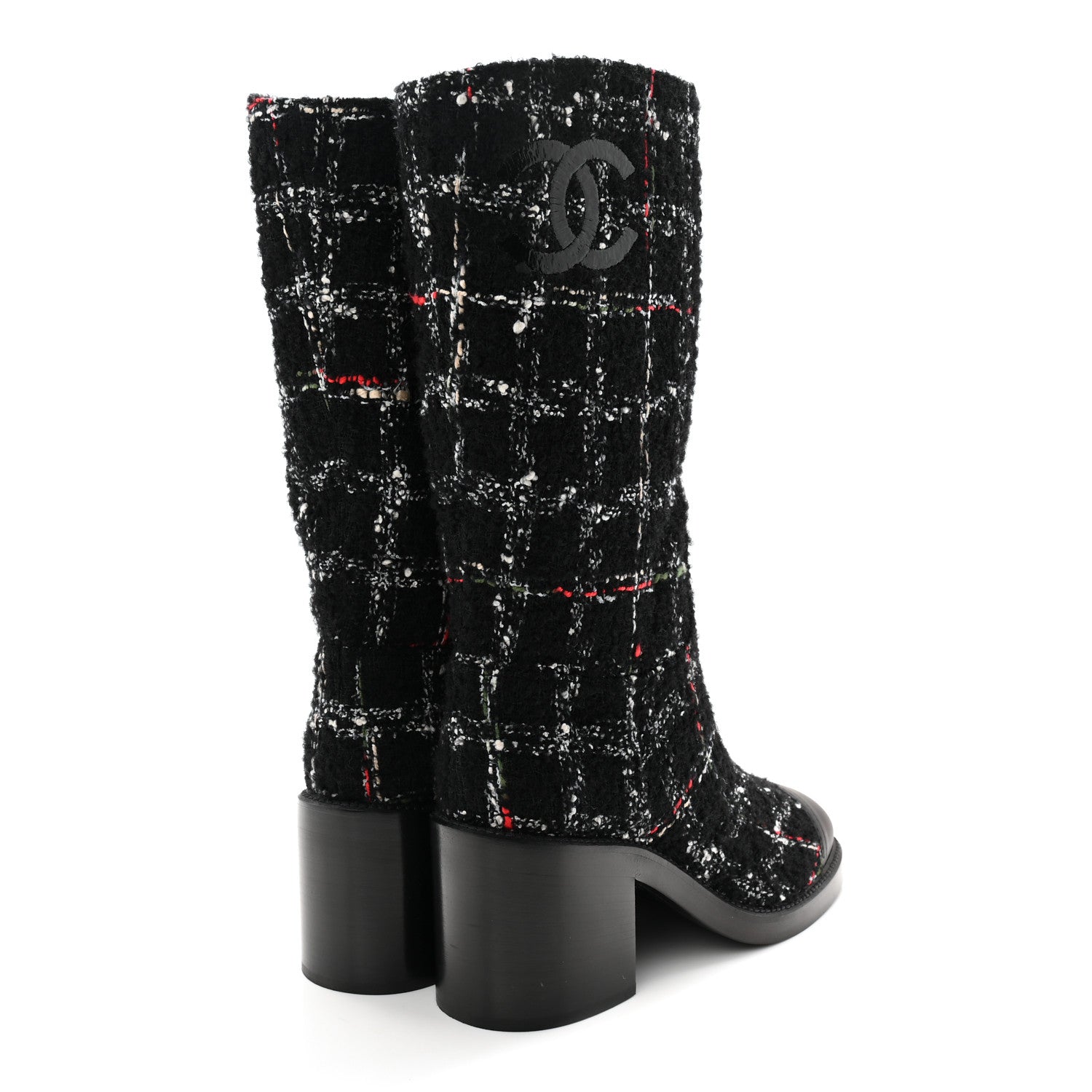 Chanel Wool Tweed Calfskin Cap Toe High Boots 38.5 Black Multicolor