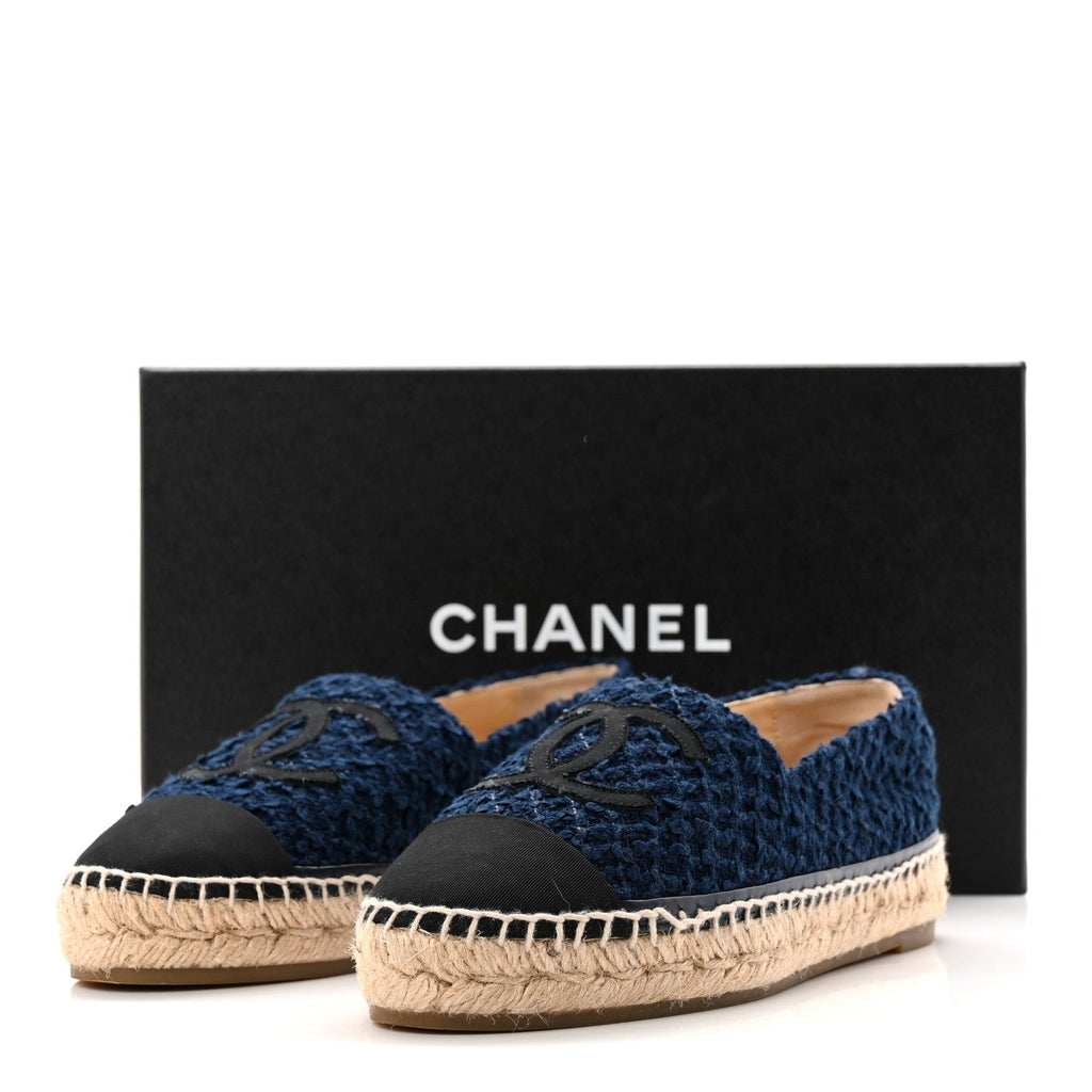 Chanel Tweed Grosgrain CC Espadrilles 37 Navy Black