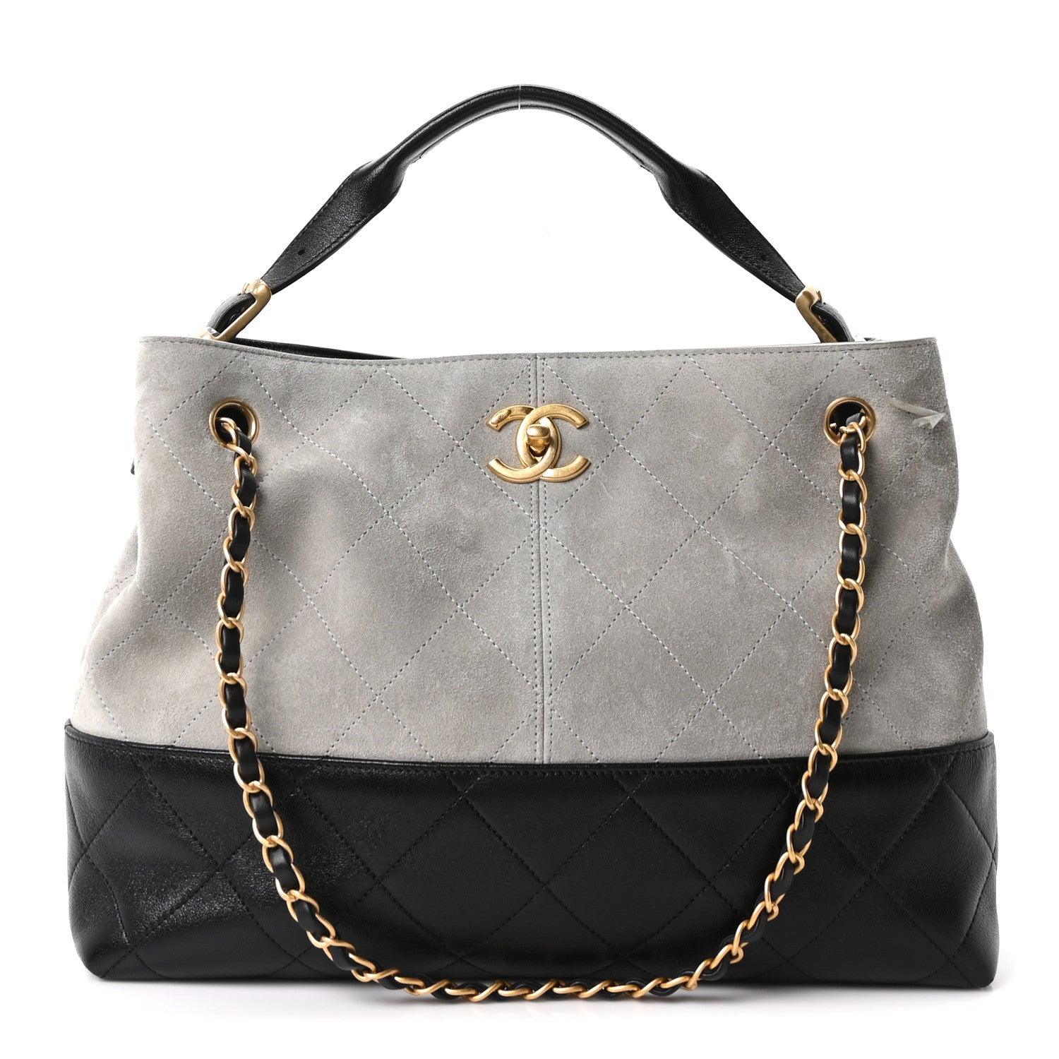 Chanel Suede Calfskin Shiny Lambskin Quilted Small Coco Base Shopping Bag Grey Black