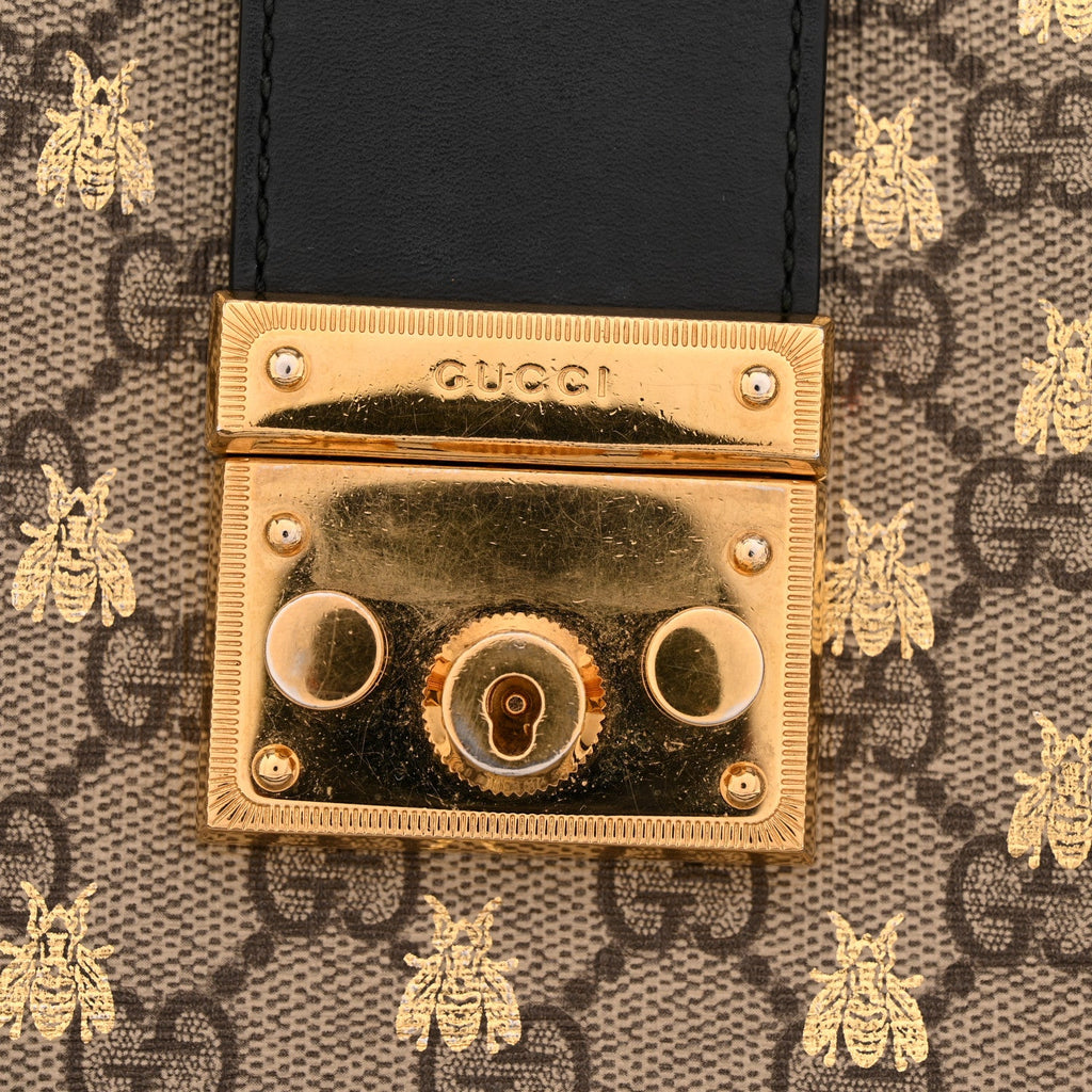 Gucci GG Supreme Monogram Bees Small Padlock Tote Beige Oro Black
