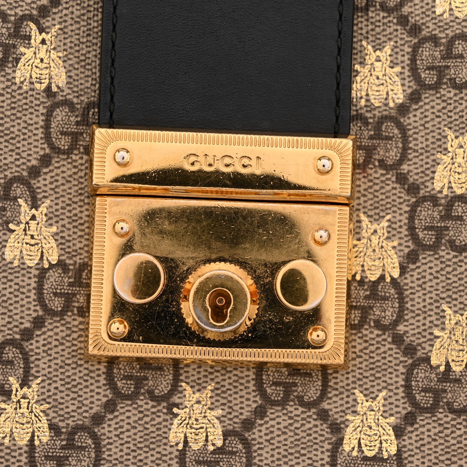 Gucci GG Supreme Monogram Bees Small Padlock Tote Beige Oro Black