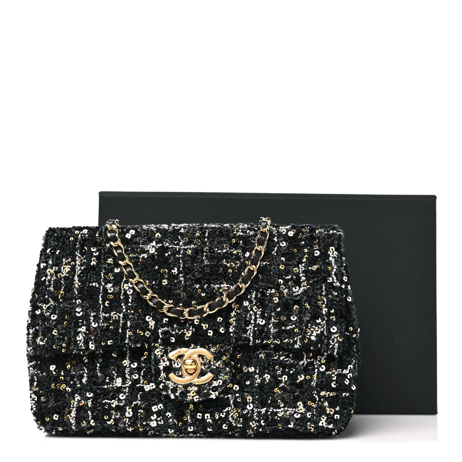 Chanel Tweed Sequin Small Single Flap Black Silvery Golden