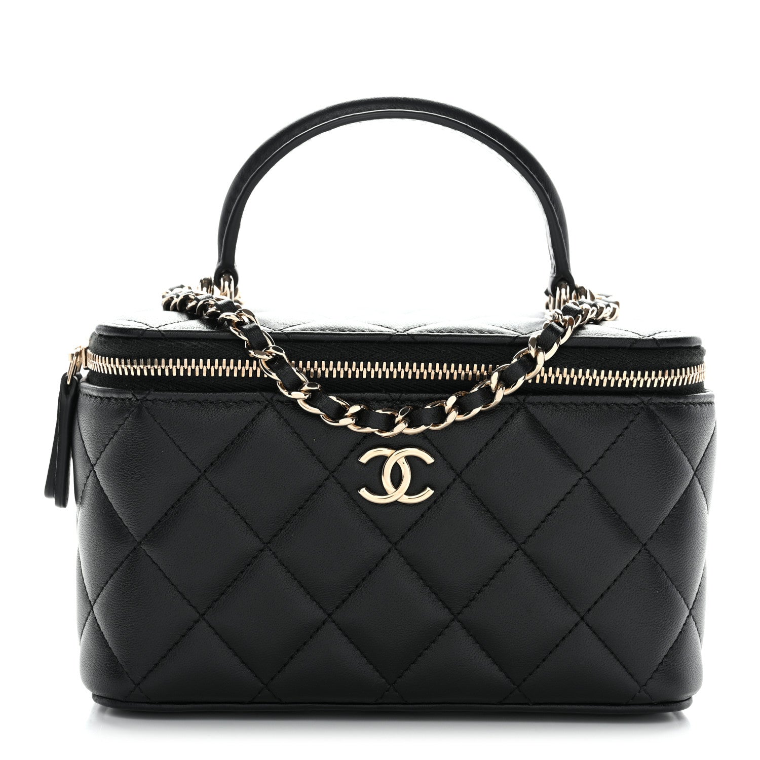 Chanel Lambskin Quilted Small Top Handle Vanity Case With Chain Black