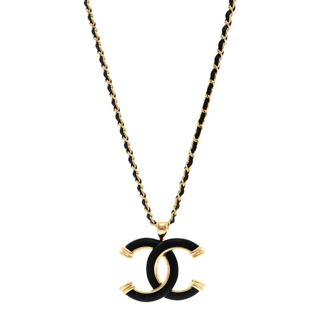 Metal Lambskin Chain CC Necklace Black Gold