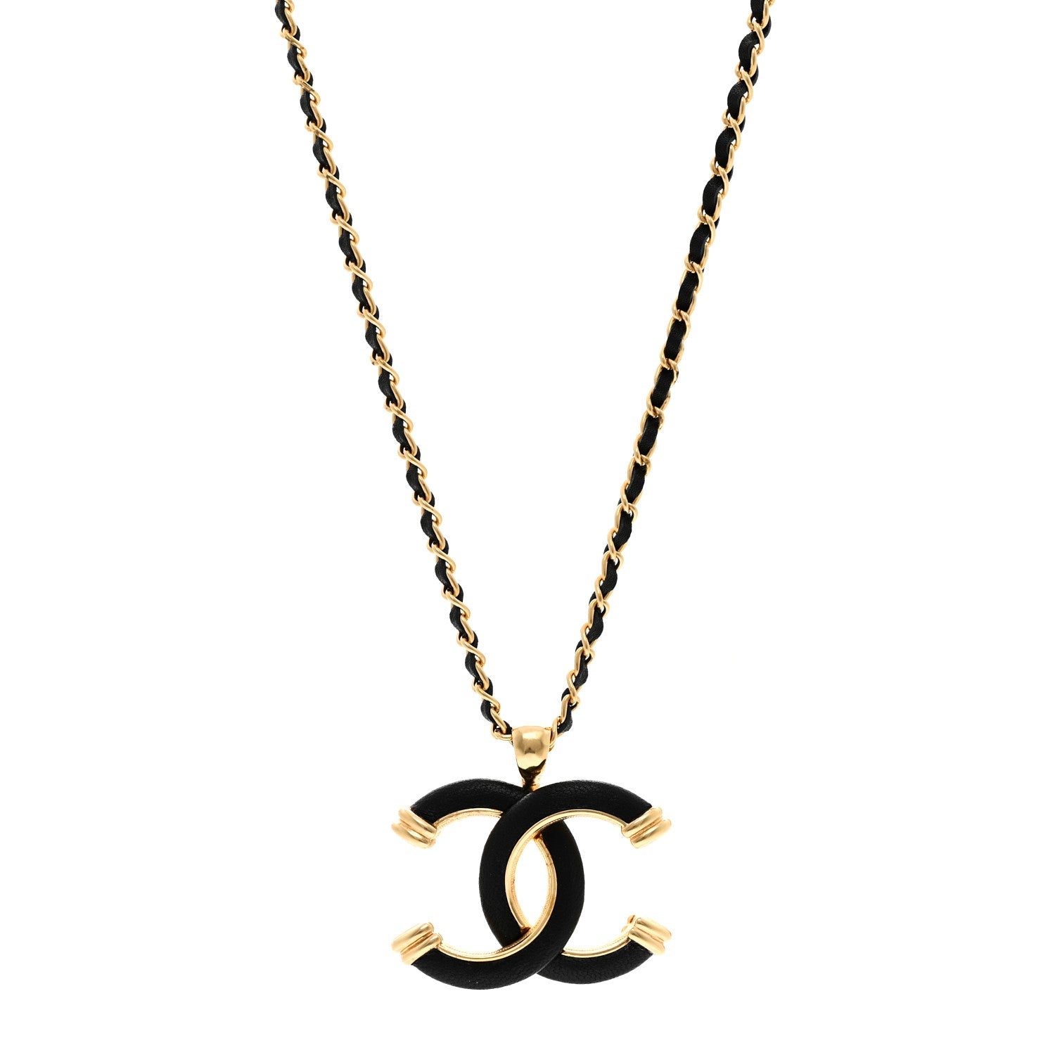 Metal Lambskin Chain CC Necklace Black Gold