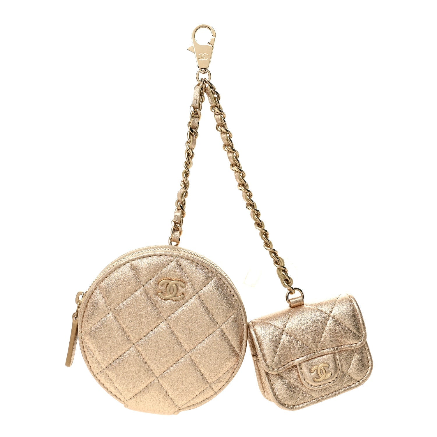 Metallic Lambskin Quilted Round Clip On Coin Purse Airpods Case Gold