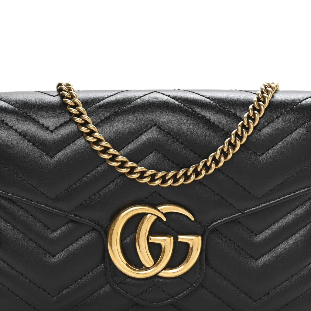 Gucci Calfskin Matelasse GG Marmont Chain Wallet Black