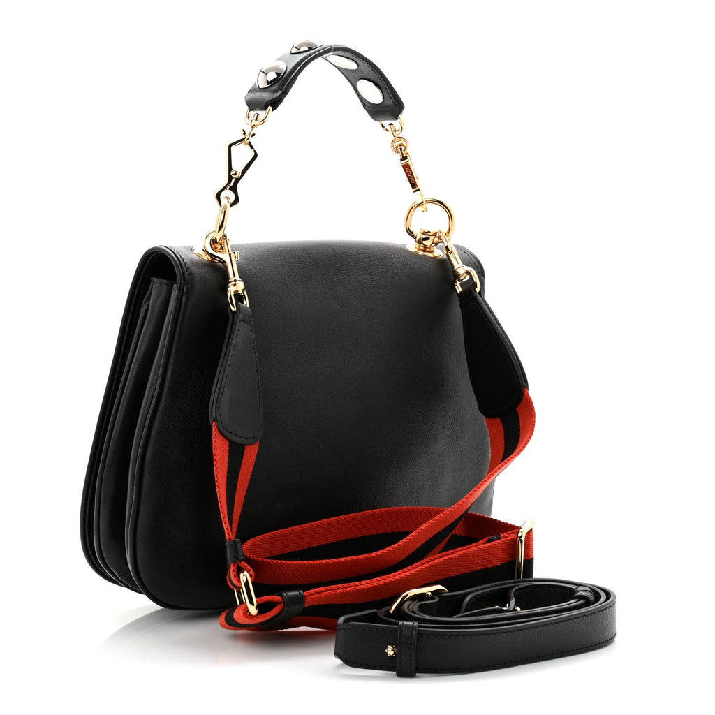 Gucci Roxy Calfskin Web Medium Blondie Top Handle Shoulder Flap Bag Black