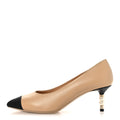 Lambskin Grosgrain Cap Toe CC Pearl Pumps 36.5 Beige Black