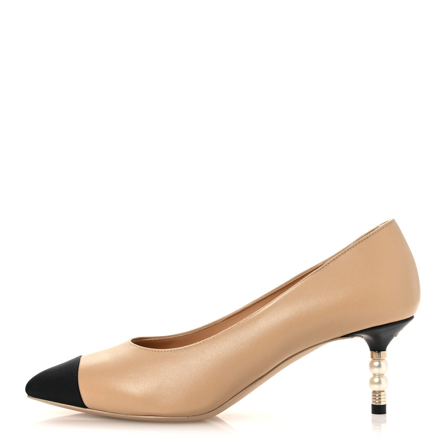 Lambskin Grosgrain Cap Toe CC Pearl Pumps 36.5 Beige Black
