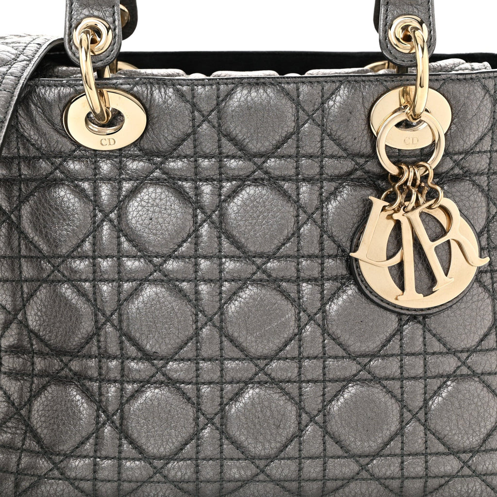 Christian Dior Metallic Grained Calfskin Cannage Medium Supple Lady Dior Steel