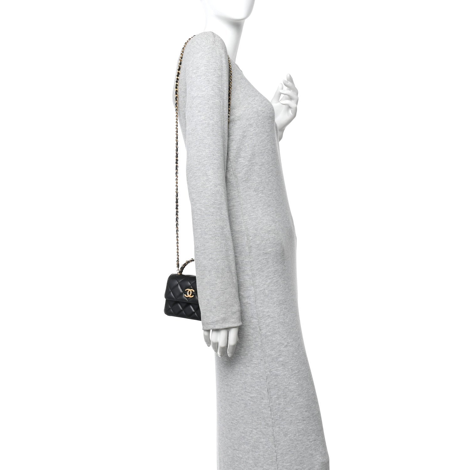 Chanel Lambskin Quilted Chain Top Handle Clutch With Chain Black