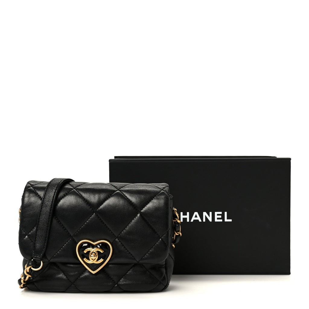 Chanel Lambskin Resin Quilted Mini Heart Square Flap Black