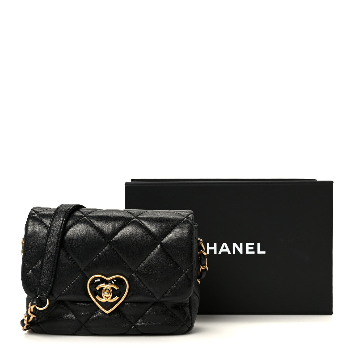 Chanel Lambskin Resin Quilted Mini Heart Square Flap Black