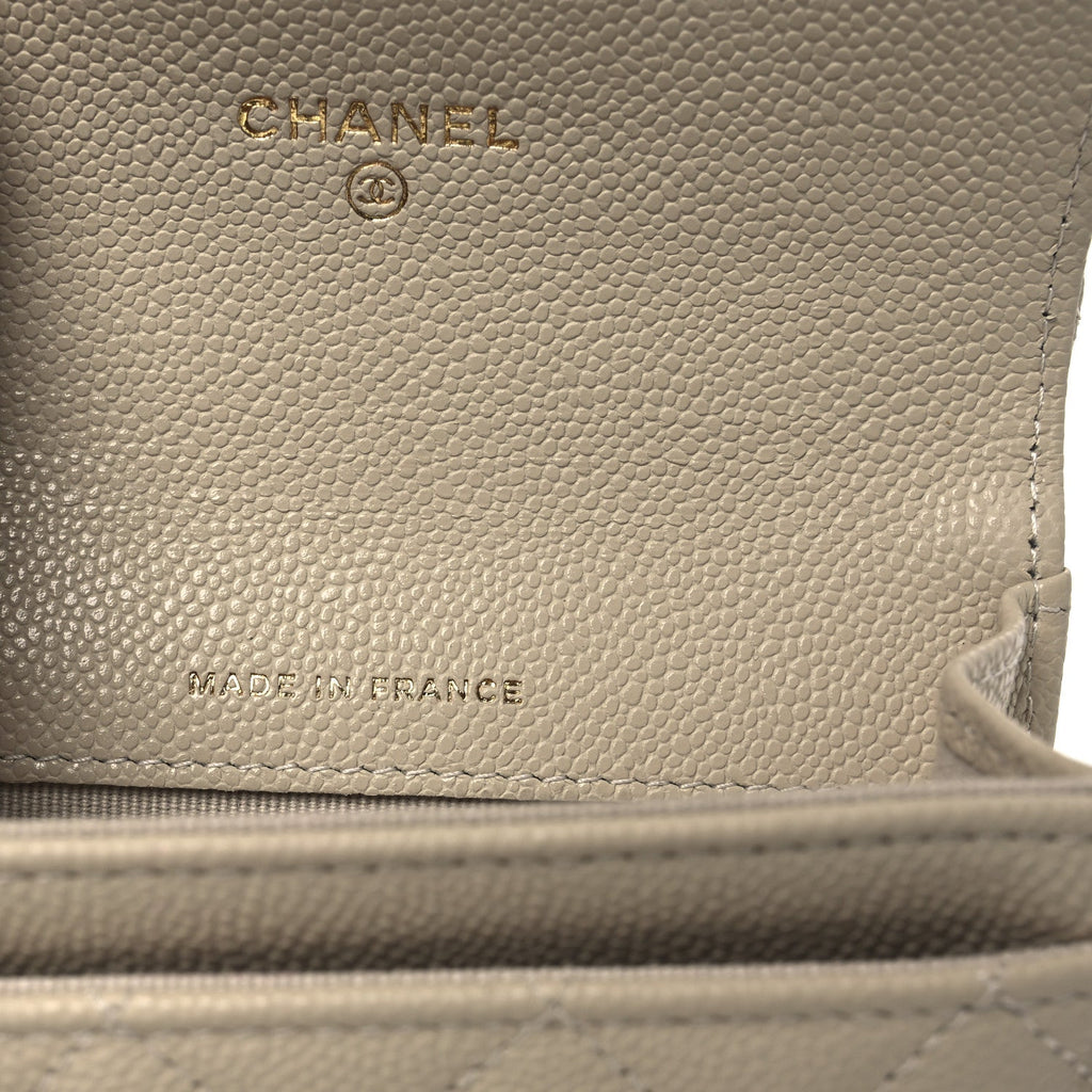 Caviar Quilted Flap Card Holder Wallet Beige