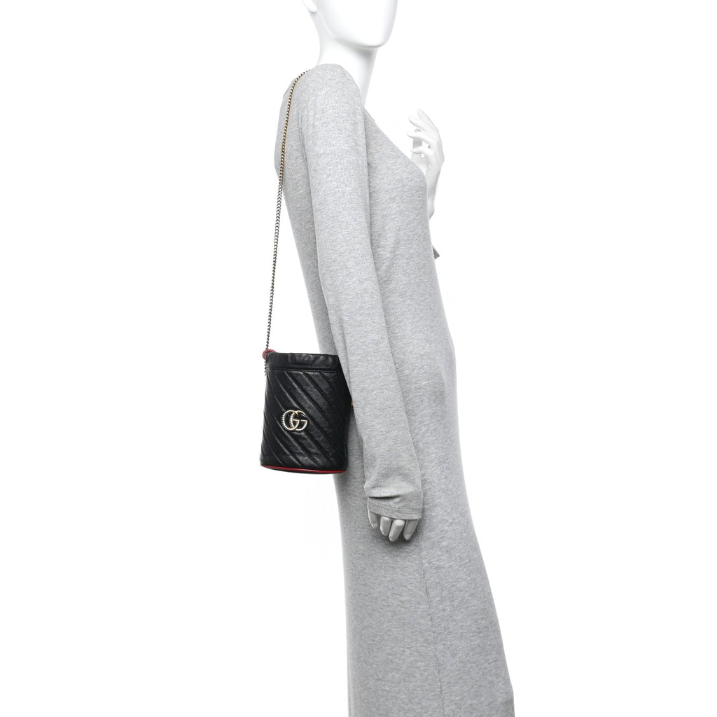 Gucci Vintage Effect Calfskin Matelasse Diagonal Mini Torchon GG Marmont 2.0 Bucket Bag Black Romantic Cherry