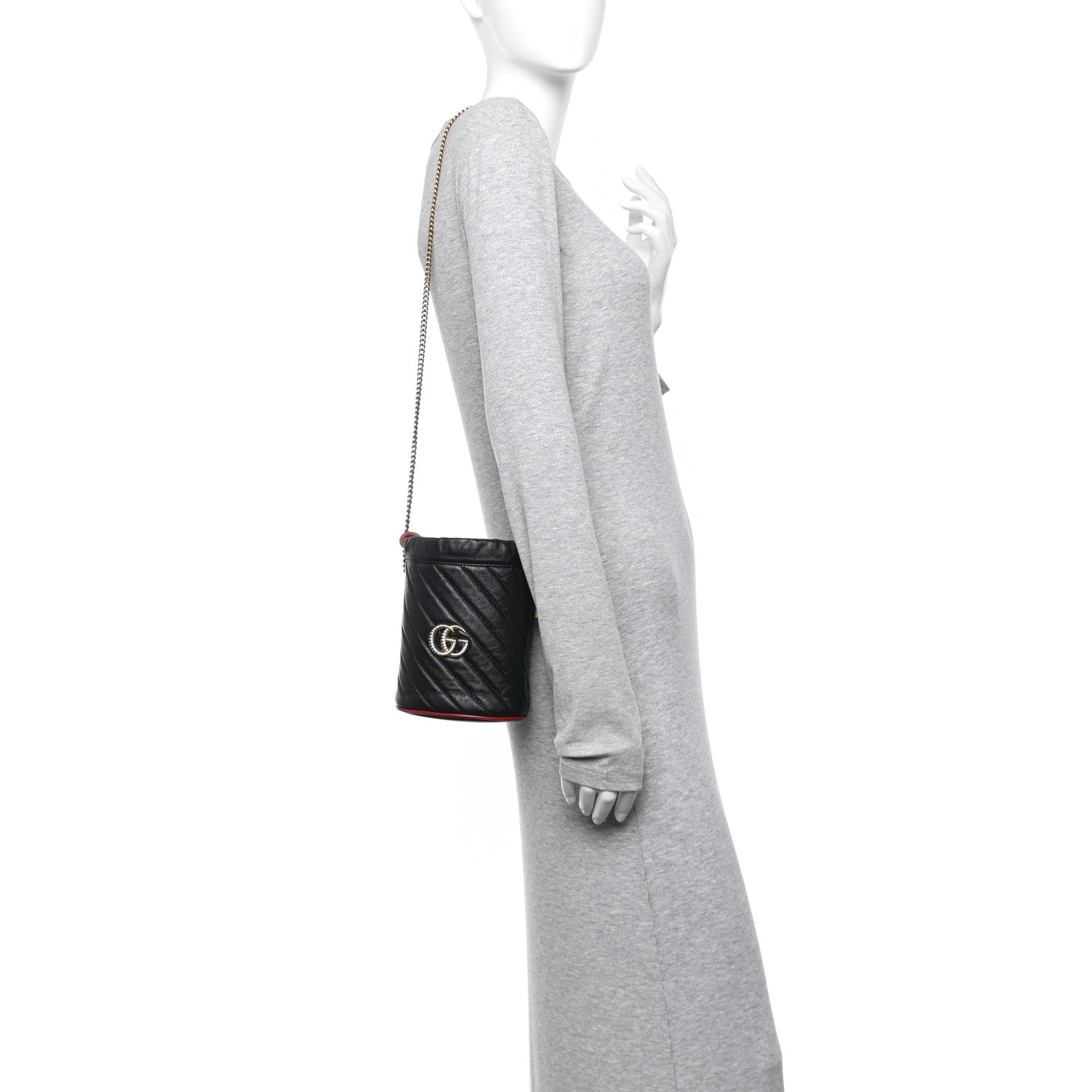 Gucci Vintage Effect Calfskin Matelasse Diagonal Mini Torchon GG Marmont 2.0 Bucket Bag Black Romantic Cherry