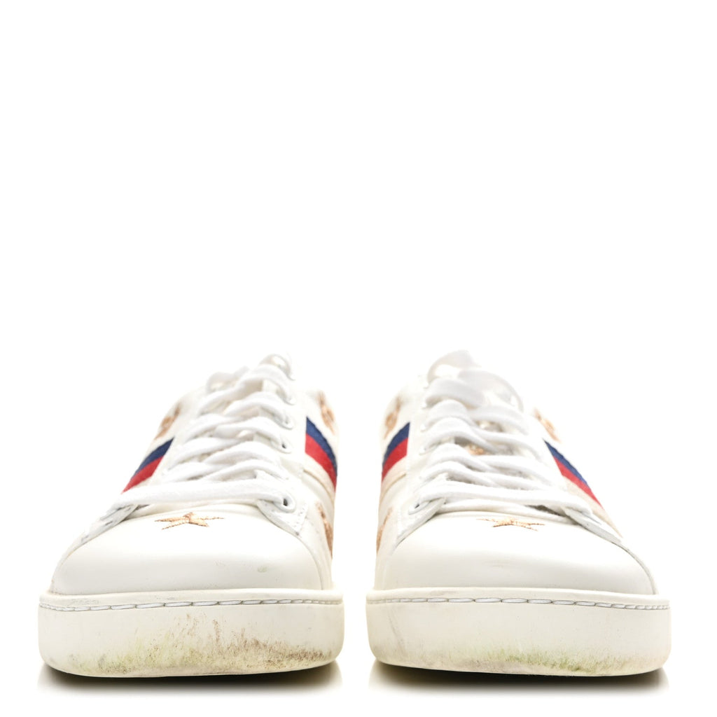 Gucci Calfskin Bee Star Embroidered Sylvie Web Ace Sneakers 37.5 White