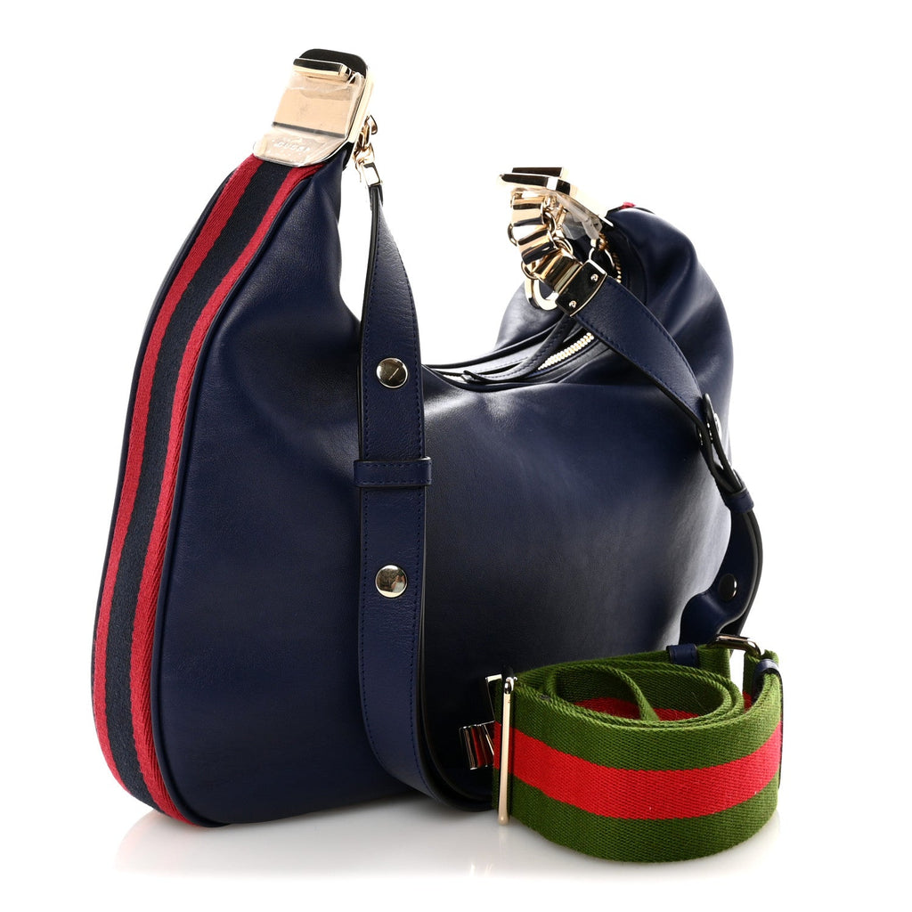 Gucci Aria Calfskin Web Large Attache Shoulder Bag Navy