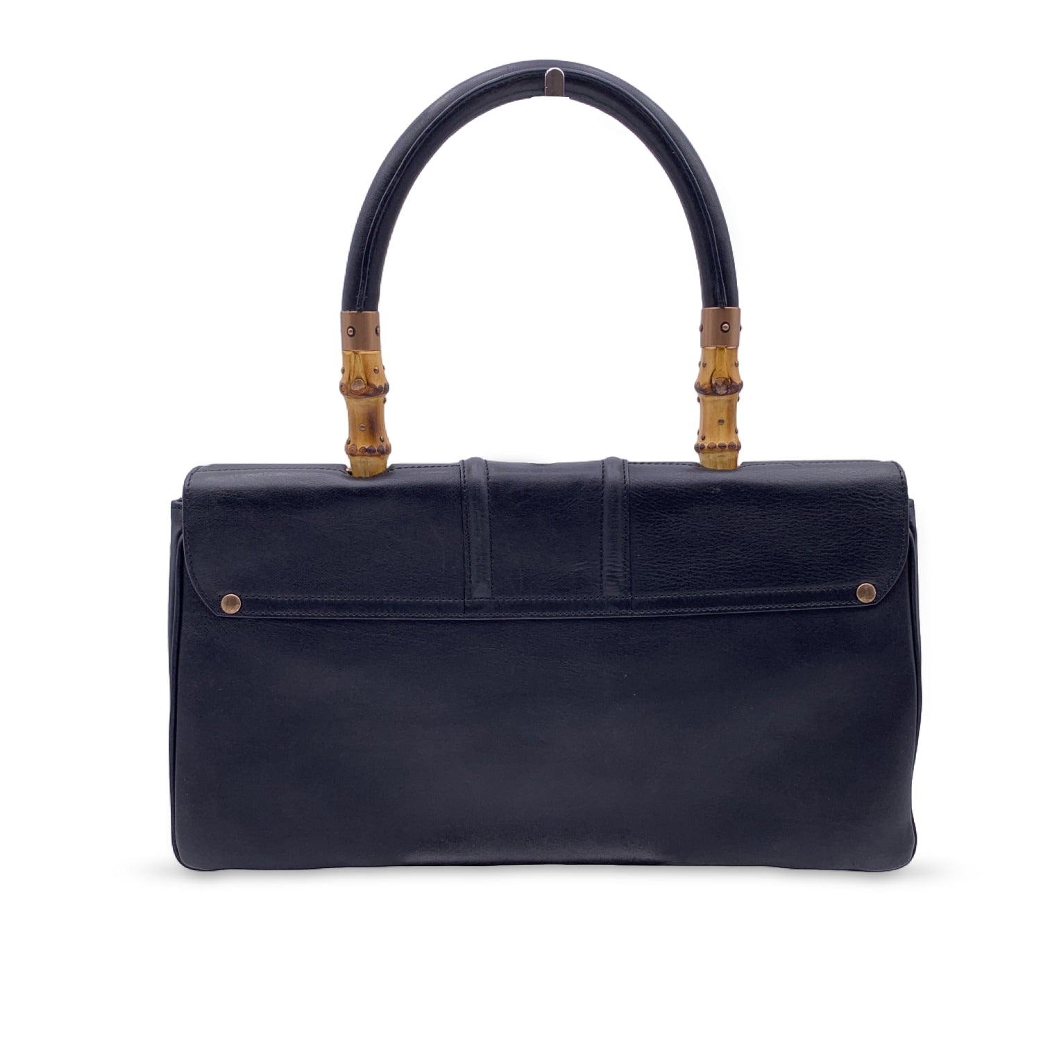 GUCCI Black Leather Bamboo Detail Handbag Satchel Bag