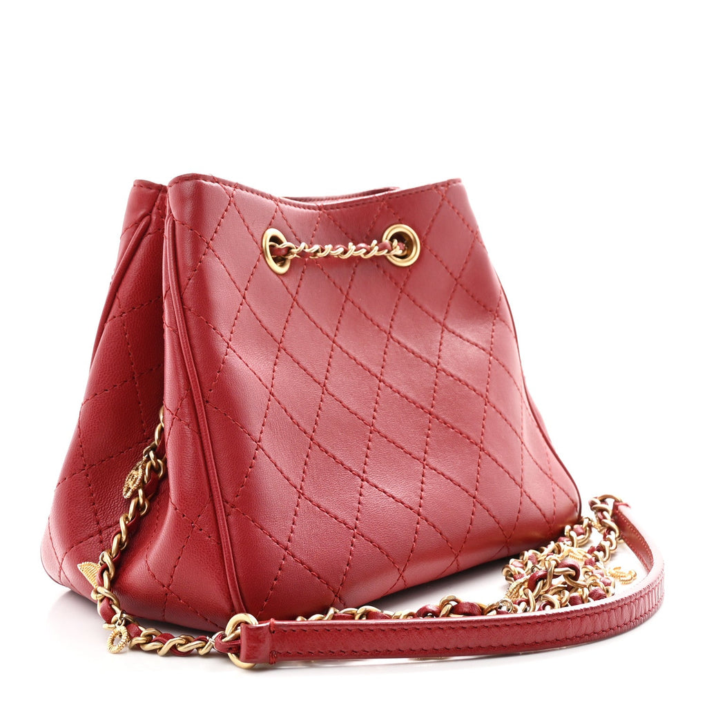 Chanel Calfskin Stitched Small Egyptian Amulet Drawstring Bag Red
