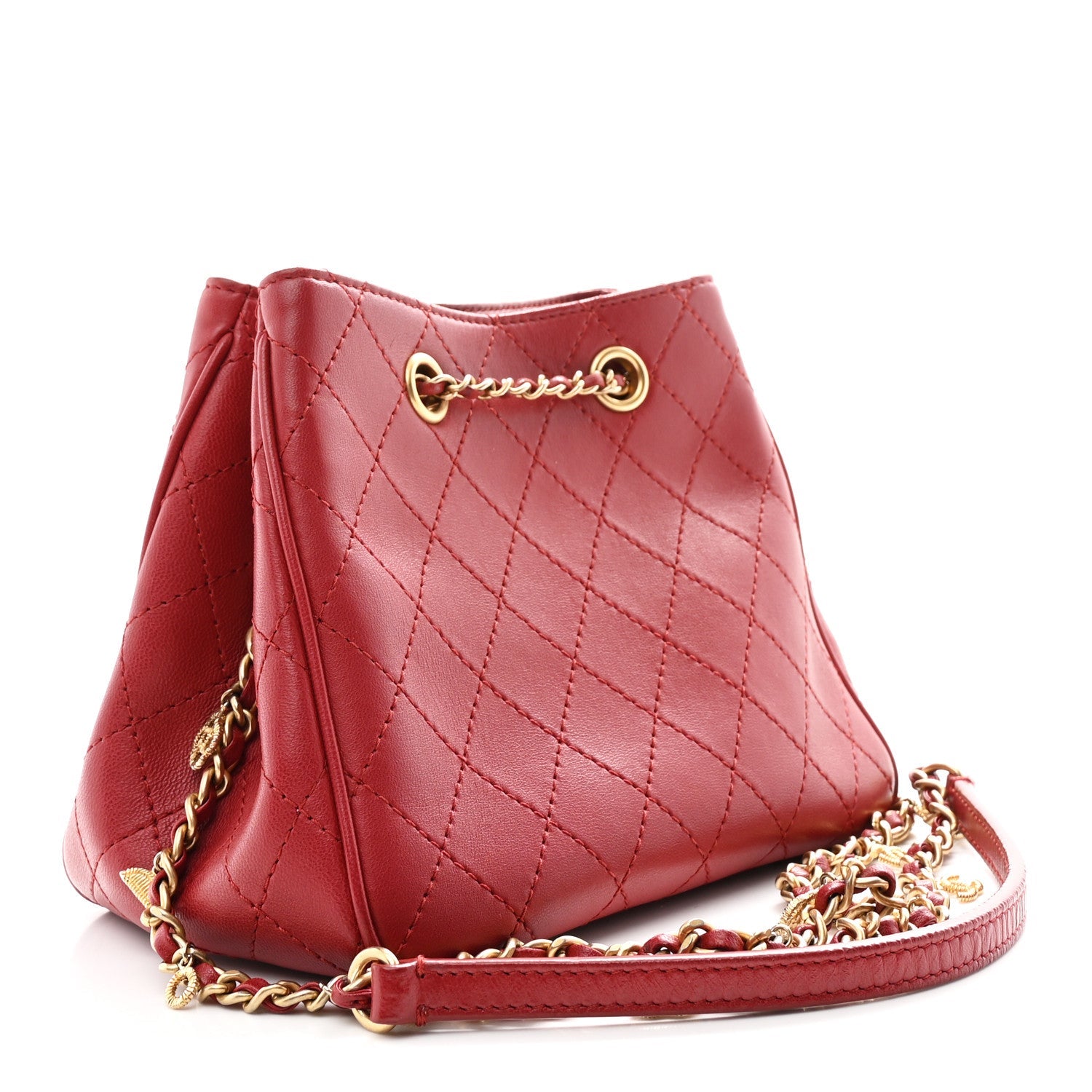 Chanel Calfskin Stitched Small Egyptian Amulet Drawstring Bag Red