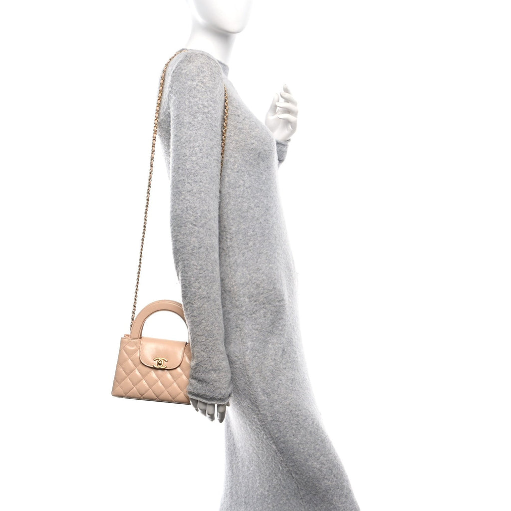 Chanel Shiny Aged Calfskin Quilted Nano Kelly Shopper Beige