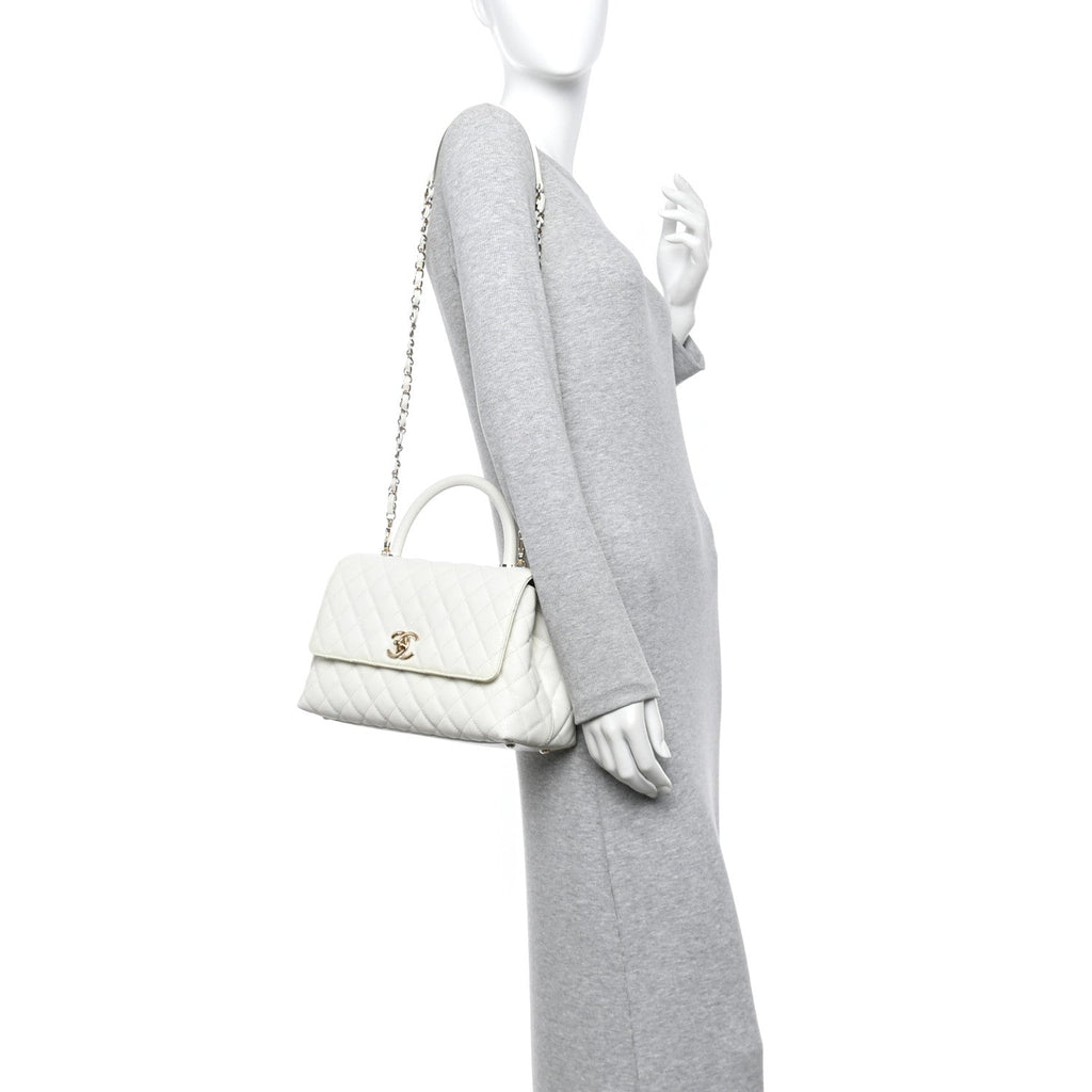 Chanel Caviar Quilted Small Coco Handle Flap White