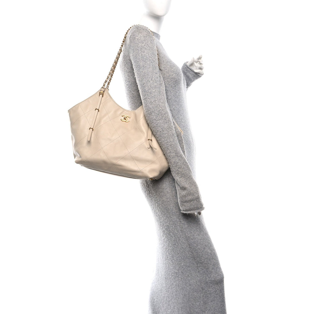Chanel Calfskin Quilted Small Shopping Bag Beige