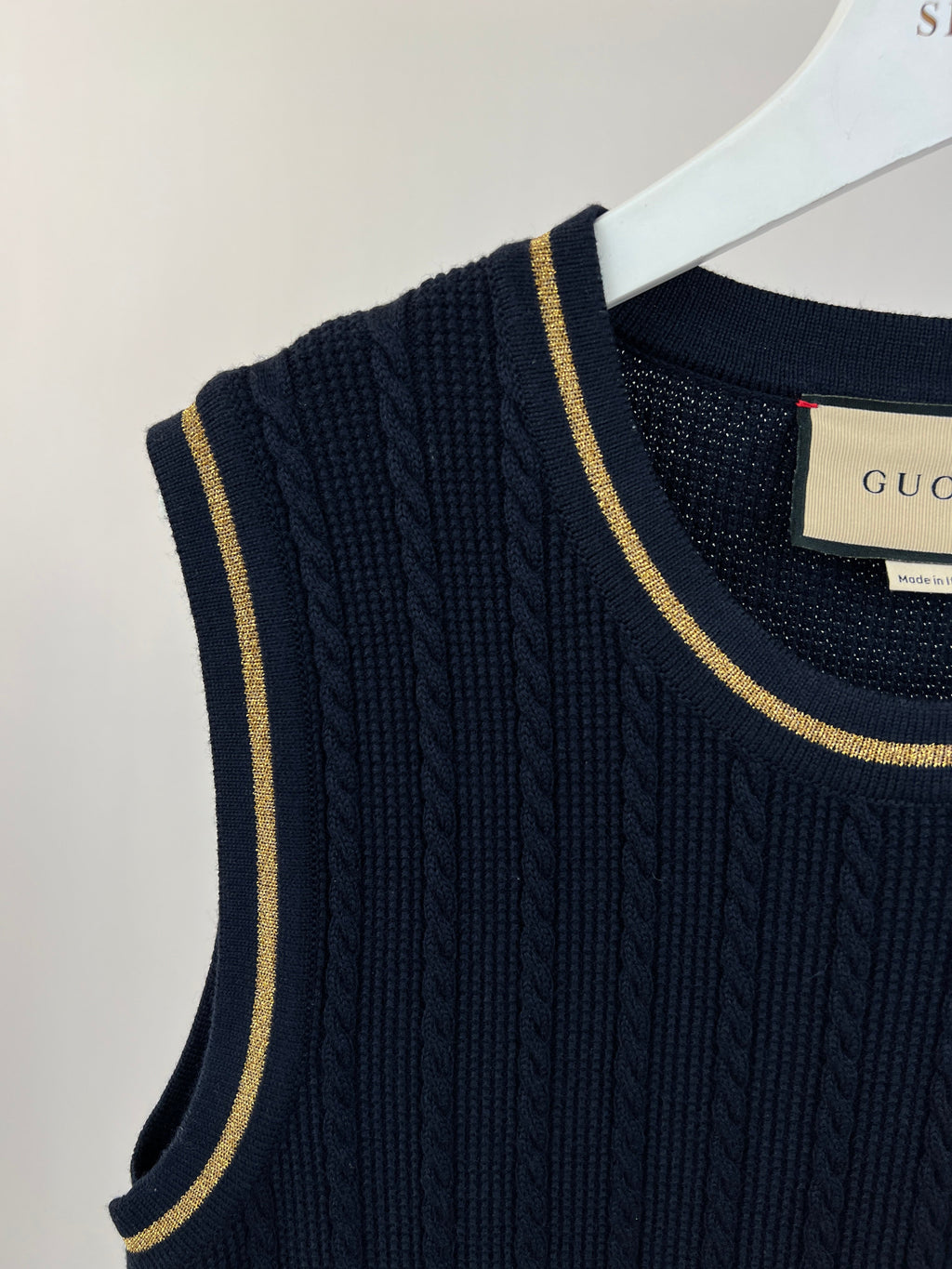 Gucci Navy Knitted Mini Dress with Gold Chain Pocket Details Size IT S (UK 8)