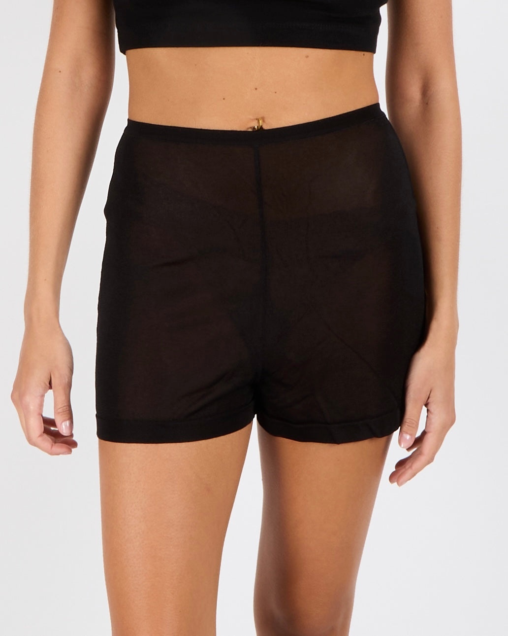 Chanel Black Mesh Mini Shorts with Logo Button Detail Size FR 38 (UK 10)