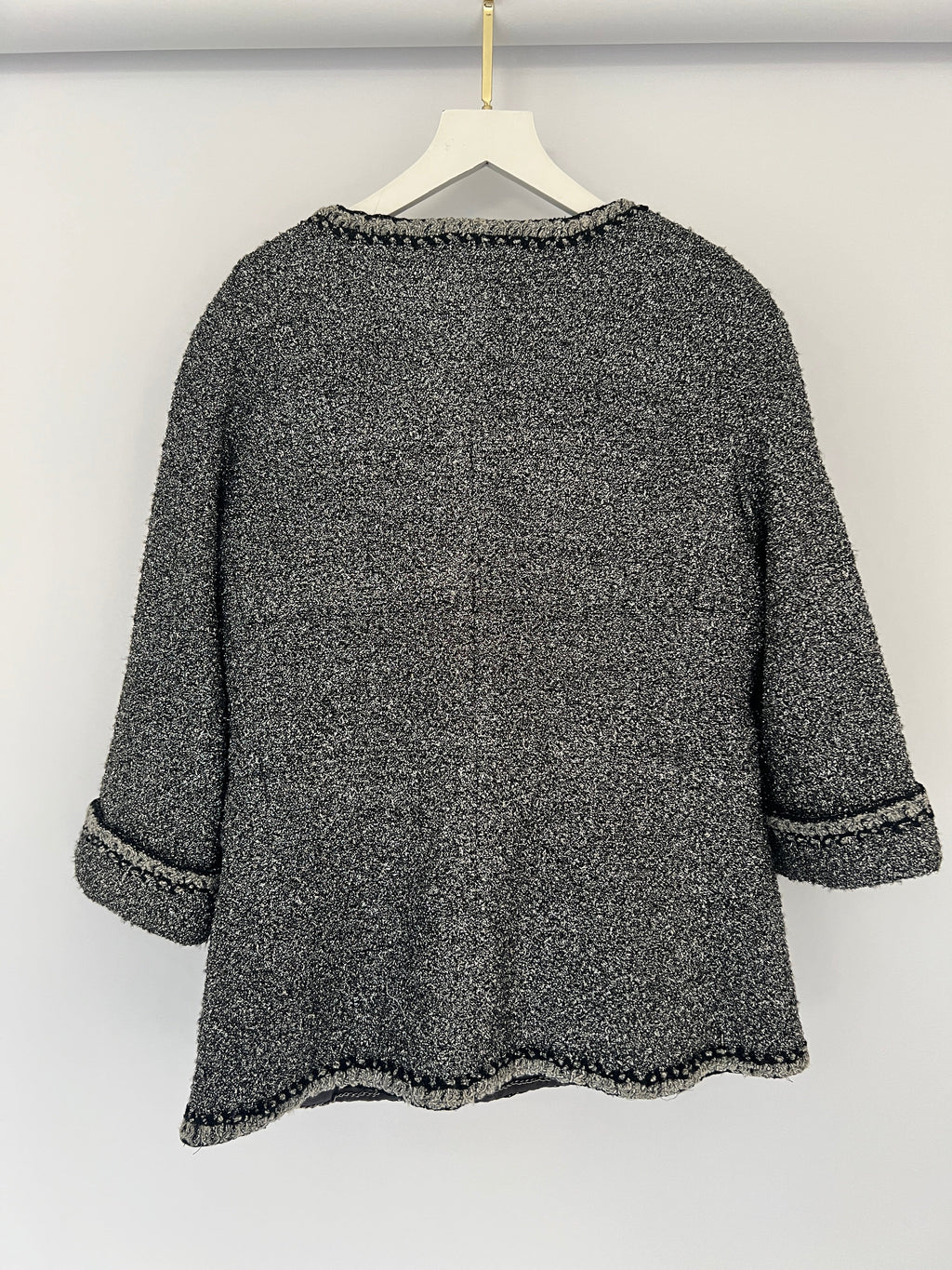 *HOT* Chanel 14/P La Petite Veste Noire Tweed Charcoal Grey Jacket with Silver Detail  Size FR 42 (UK 14)