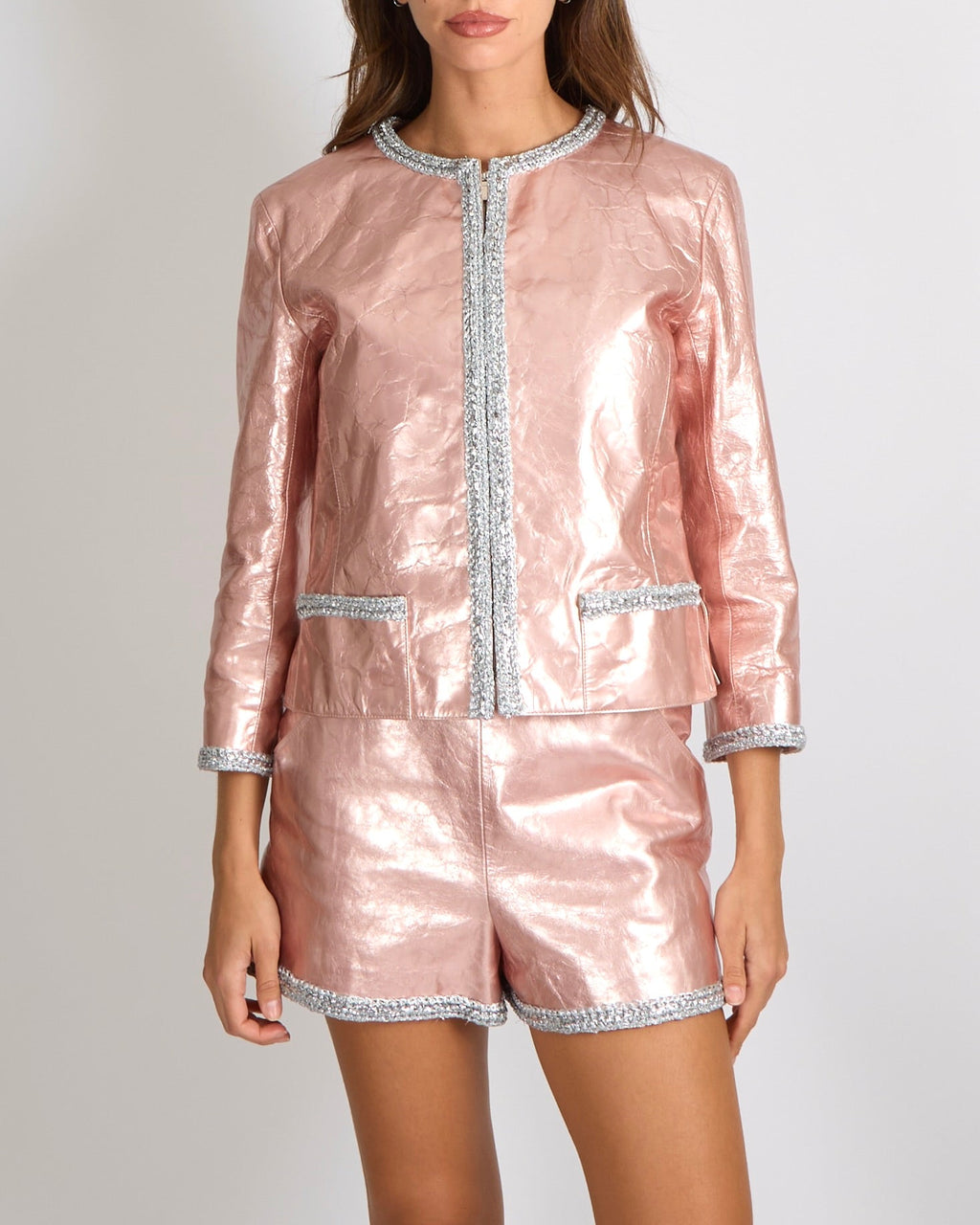 Chanel SS20 Runway Metallic Pink Lambskin Leather Shorts with Silver Trim and CC Logo Detail Size FR 38 (UK 10) RRP £4,240