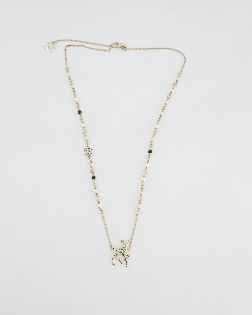 Chanel Champagne Gold CC Pearl Necklace with Bambi Pendant