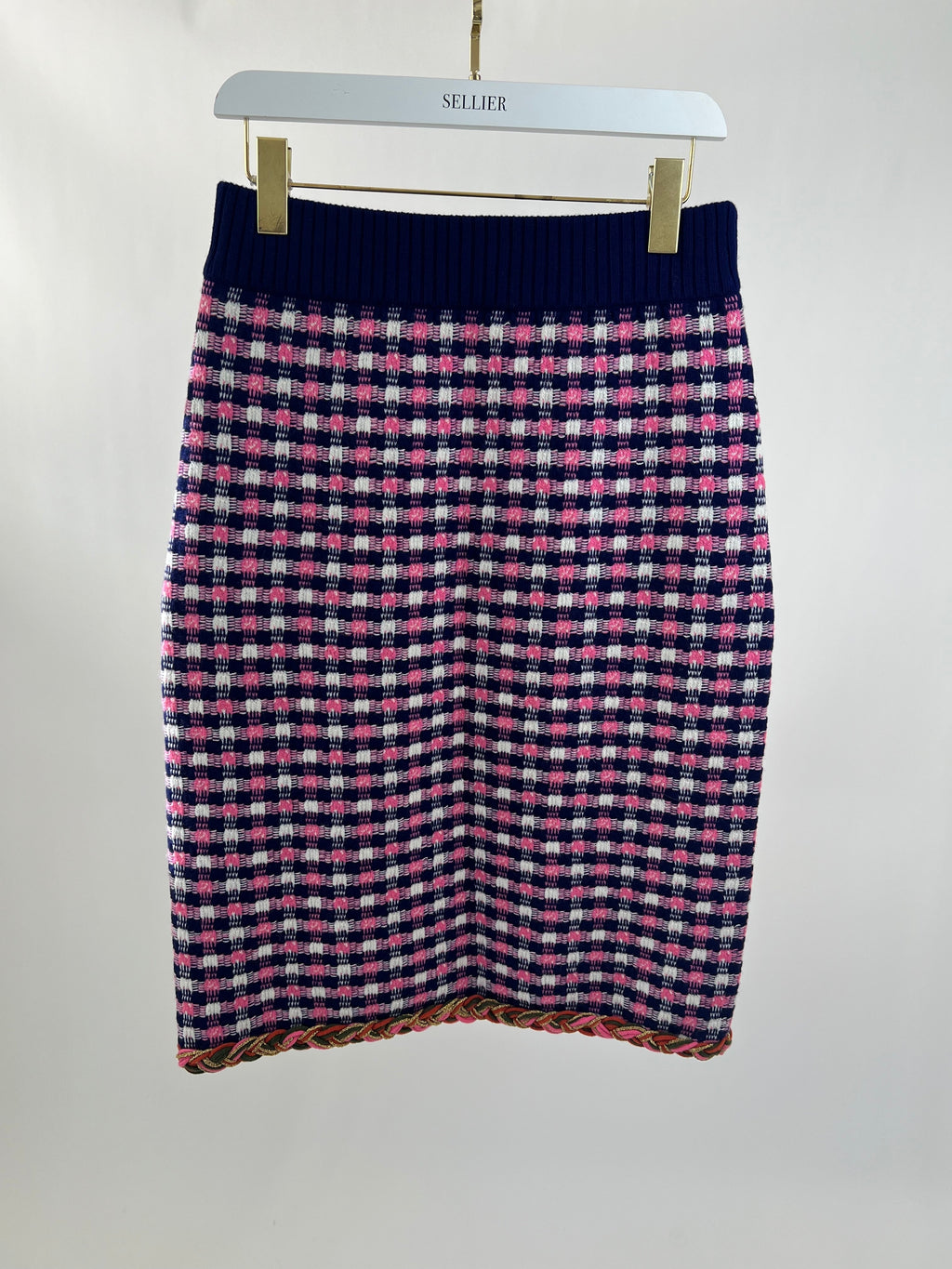 Gucci Pink, White and Purple Check Knitted Midi Skirt with Metallic Hem Size M (UK 10)