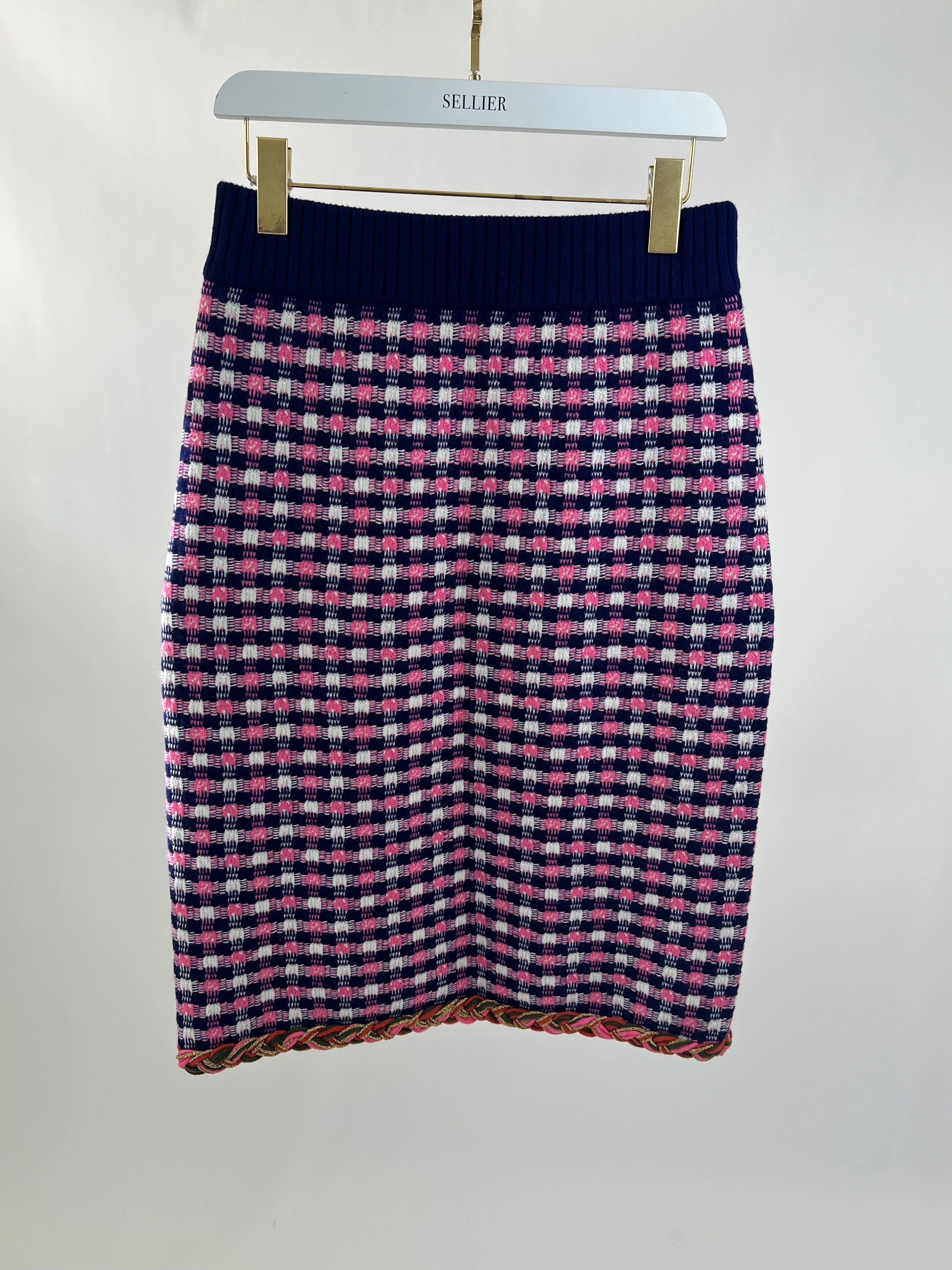 Gucci Pink, White and Purple Check Knitted Midi Skirt with Metallic Hem Size M (UK 10)