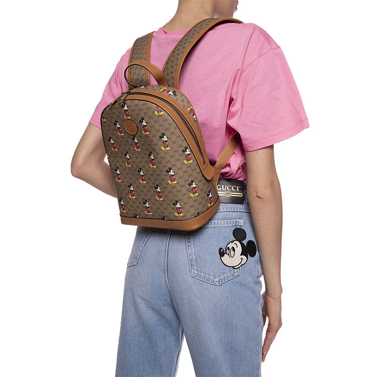 GUCCI x Disney Crossover Mickey Mouse Printing Logo Leather Logo Canvas Schoolbag Backpack Small Unisex Ebony / Brown 552884-HWUDM-8603