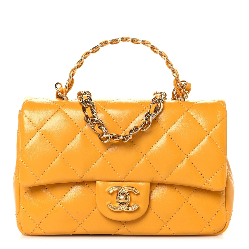 Chanel Shiny Lambskin Quilted Golden Links Top Handle Flap Yellow