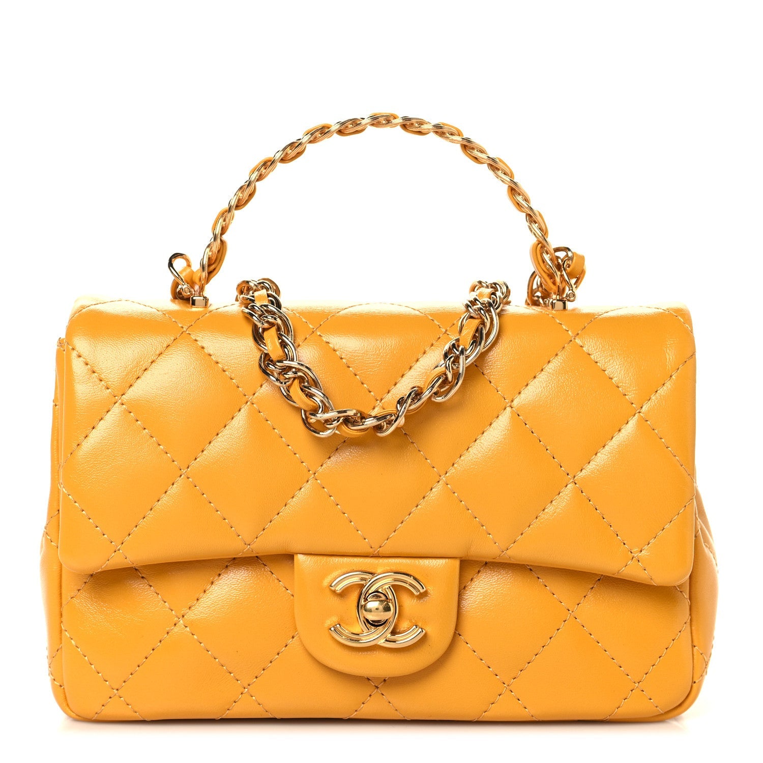 Chanel Shiny Lambskin Quilted Golden Links Top Handle Flap Yellow