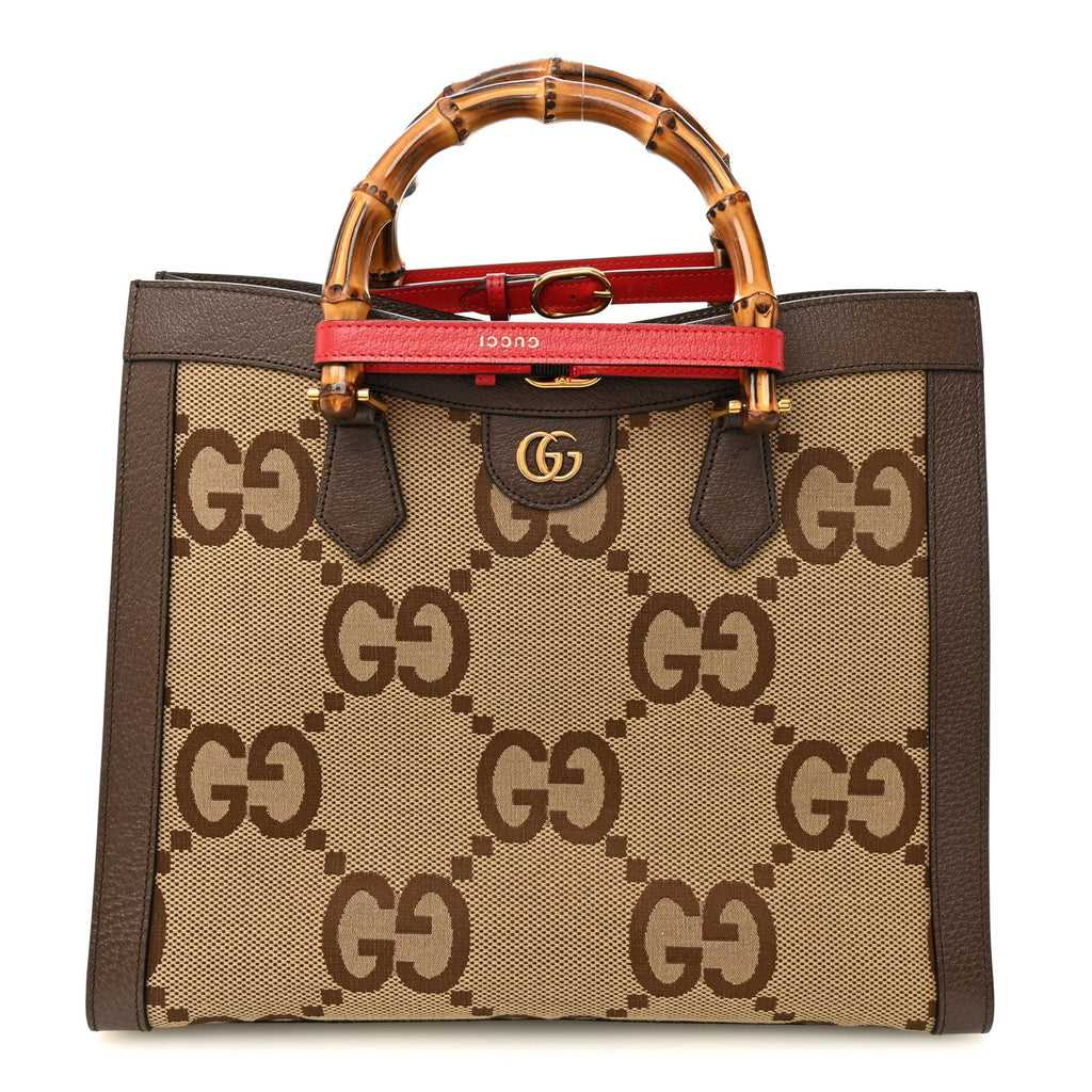 Gucci Monogram Jumbo GG Textured Dollar Calfskin  Medium Diana Tote Bag Camel Ebony New Acero Pomegranate Red