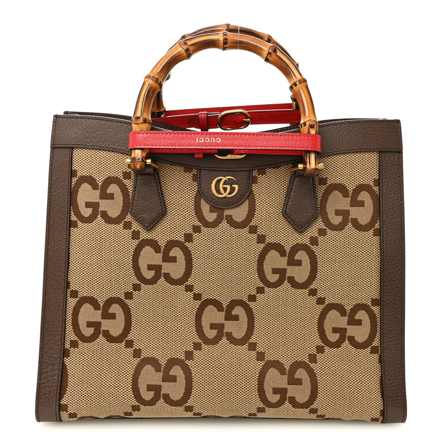 Gucci Monogram Jumbo GG Textured Dollar Calfskin  Medium Diana Tote Bag Camel Ebony New Acero Pomegranate Red