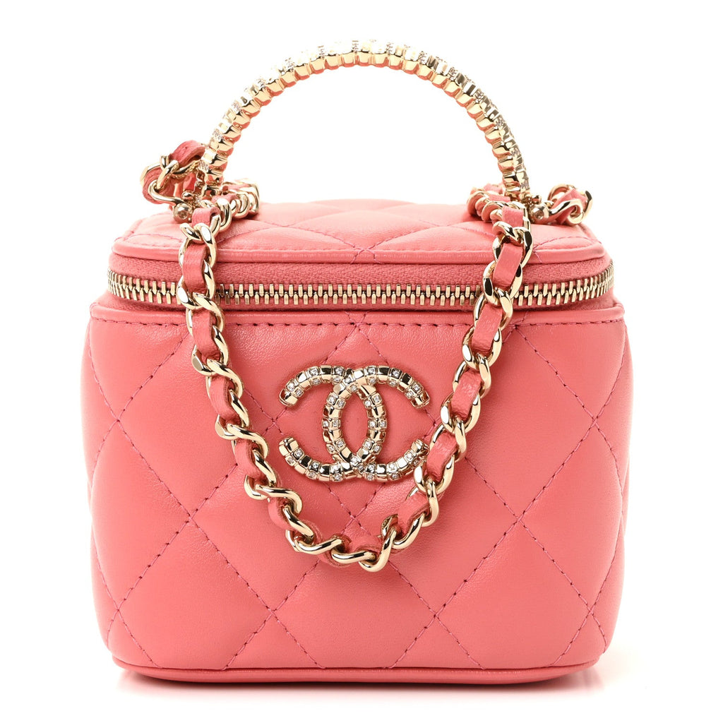 Chanel Lambskin Quilted Crystal Top Handle Mini Vanity Case With Chain Coral